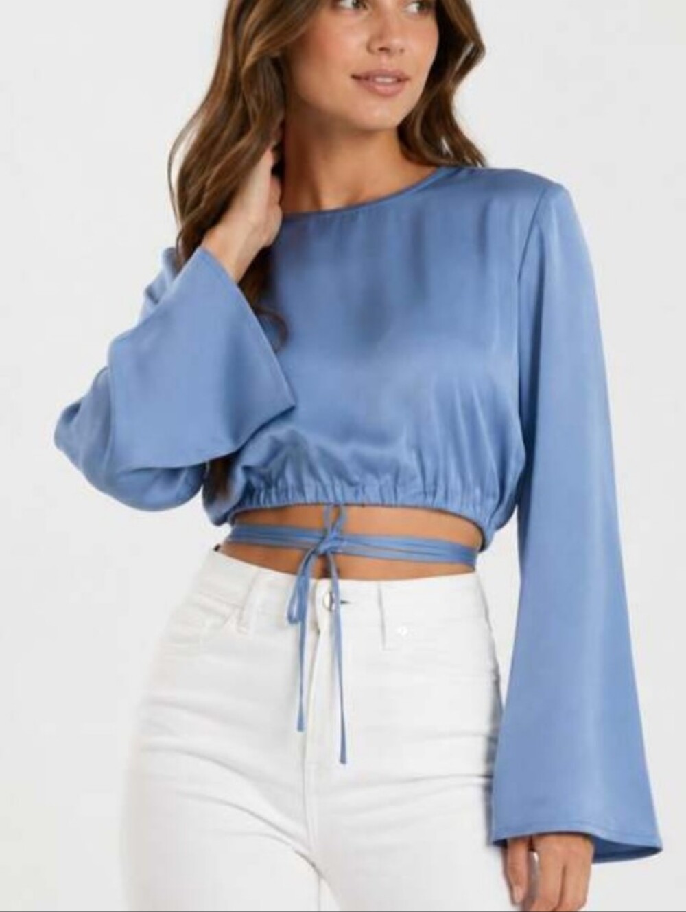 Bar III x Nicole Williams English Blue Satin Bell Sleeve Tie Waist Crop Top XS